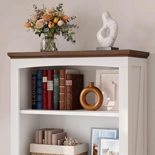 IRONCK 5 Tier Farmhouse Bookshelf 70.9" White Bookcase with Brown Wood Top | brown top & brace side panels, anti-tip stable design, bookcase, bedroom