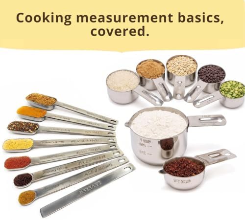 Simply Gourmet Measuring Cups & Spoons Set of 12, 18/08 Stainless Steel Kitchen Gadgets, Stackable Design with Long Handle Spoons, Fits in Spice Jars, Cooking & Baking Set for Dry & Liquid