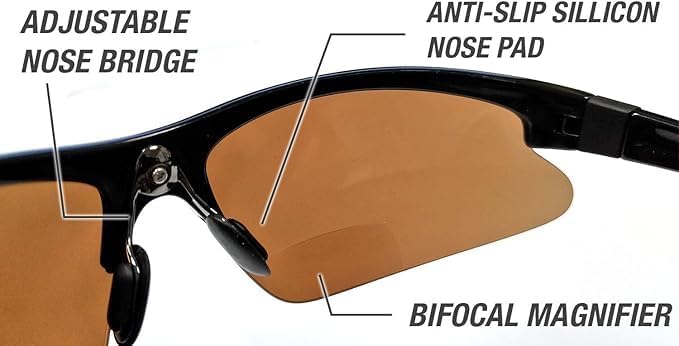 Renegade Patented Bifocal Polarized Reader Half Rim Men's Fishing Sunglasses 100% UV Protection with Microfiber Bag (Glossy Black Frame