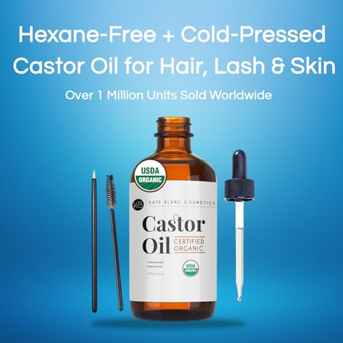 Kate Blanc Cosmetics Castor Oil Organic (4oz), 100% Pure, Cold Pressed, Hexane Free. Natural Oil for Hair, Eyelashes, Eyebrows. Skin Moisturizer with Starter Kit