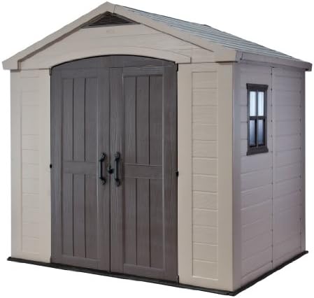 Keter Factor (8x6 ft) Large Resin Outdoor Storage Shed for Patio Furniture, Lawn Mower, Garden Accessories Yard Tools, and Pool Toys, Taupe