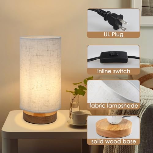 Small Bedside Night Table Lamp for Bedroom, Minimalist Nightstand Lamp with Round Fabric Linen Shade, Study Reading Desk Lamp for Kids Room