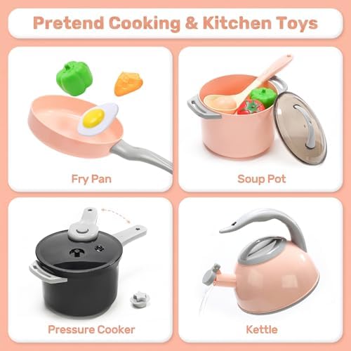 CUTE STONE Pretend Play Kitchen Toy with Cookware Steam Pressure Pot and Electronic Induction Cooktop, Cooking Utensils, Toy Cutlery, Cut Play Food