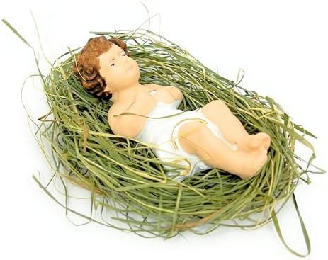4 Inch Baby Jesus in Manger Figurine, Small Baby Jesus Manger Crib for Nativity Set on Natural Hay, Handcrafted Holy Gift Made in Poland