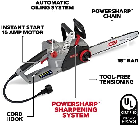 Oregon CS1500 Self-Sharpening Electric Chain Saw | Powerful, 15 Amp, Low Kickback, Self-Sharpening Integrated PowerSharp Chain, Automatic Oiler