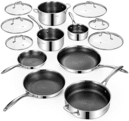 Deluxe 13 Piece Hybrid Ceramic Nonstick Stainless Steel Cookware Set | 5 PC Fry Pan Set, 6 PC Pot Set, 3.7QT Deep Sauté Pan&Lid, Induction Ready, Stay Cool, PFOA Free FOR All Cooktops