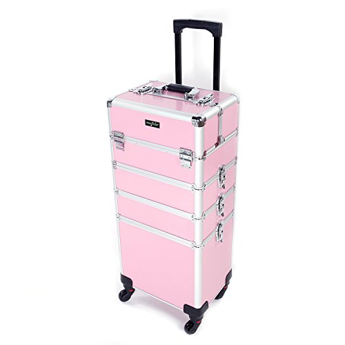 mefeir 4 in 1 Rolling Makeup Train Case, Aluminum Makeup Travel Organizer Cosmetic Case, Cosmetology Display Suitcase on Wheels, Beauty Storage Luggage Lockable w/4 Removable Wheels (Black)