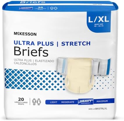 McKesson Ultra Plus Stretch Briefs, L/XL, Heavy Absorbency, 66 in, 80 ct | Unisex, Disposable, Elastic Leg Gathers and Contoured Fit for Men and Women, Incontinence