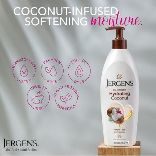 Jergens Hydrating Coconut Body Lotion, Hand and Body Moisturizer, Infused with Coconut Oil, Hydrates Dry Skin Instantly, Dermatologist Tested, 16.8 oz | Coconut Oil, Instantly Hydrates, Dermatologist Tested, Extra Dry Skin Care, Long-Lasting Moisture