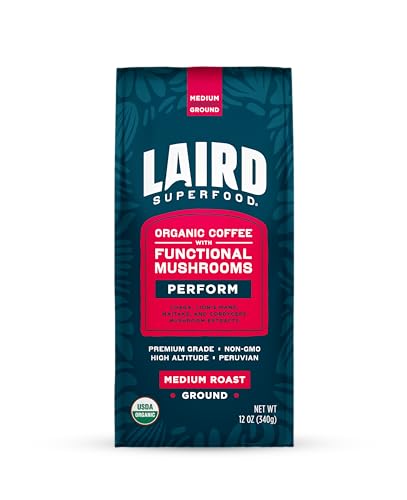 Laird Superfood Peruvian Dark Roast Coffee with Functional Mushrooms, Certified Organic Peruvian Ground Coffee Beans, Gluten-Free, Dairy-Free, Non-GMO