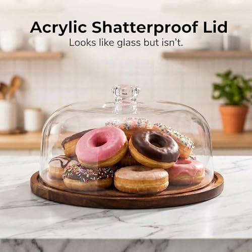 Godinger Cake Stand, Cake Plate Server Platter with Dome, Acacia Wood and Shaterproof Acrylic Lid