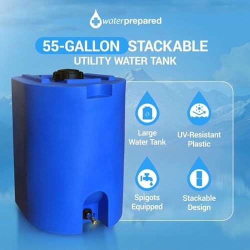 WaterPrepared 55 Gallon Unique Stackable Utility Water Tank, Blue | Emergency Water Storage Tank with Large Cap and Spigot for Easy Filling