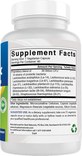 Best Naturals Probiotic 10 Strains & 30 Billion CFU Intestinal Flora, 60 Veggie Capsules (60 Count (Pack of 1))
