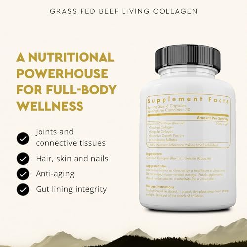 Ancestral Supplements Grass Fed Beef Living Collagen Capsules, 180 Ct | Type II collagen peptides complex in convenient capsules supports healthier