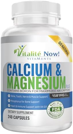 Vitalité Now! Calcium Magnesium Supplement 1000mg with Vitamin D | 10 Forms of Calcium for Maximum Absorption - Bone Strength Support with Boron