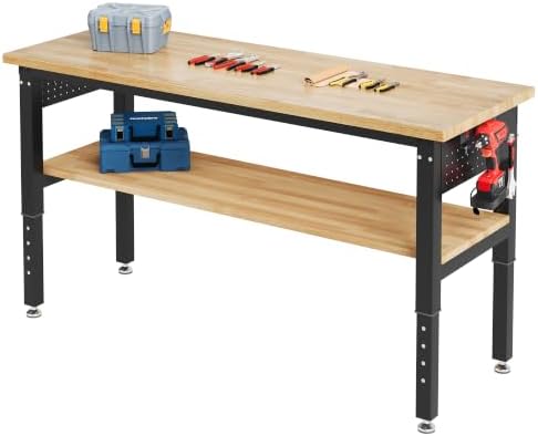 SPECRAFT Adjustable Black Heavy-Duty Workbench | 2000 Lbs Capacity, Rubber Wood Top, 4 AC Outlets and 2 USB Ports, for Garage, Workshop and Office
