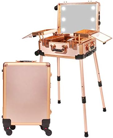 Medium Makeup Train Case with Code Lock, Lighted Mirror, Speaker Travel Cosmetic Organizer Box, Professional Artist Trolley Studio Free Standing Case