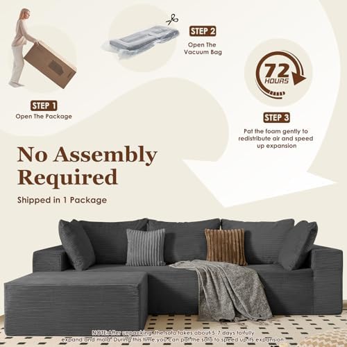 INGEROOM 108" Cloud Sectional Couch with L-Shape Chaise, Modular Sofa Memory Foam, Boneless Sofa with Movable Ottoman