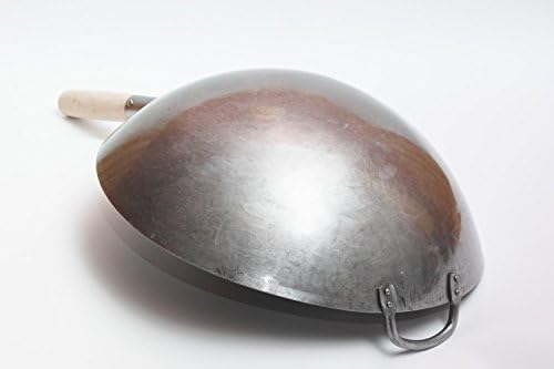 Craft Wok Big 16 Inch Heavy Hand Hammered Carbon Steel Pow Wok with Wooden and Steel Helper Handle (Round Bottom) / 731W138