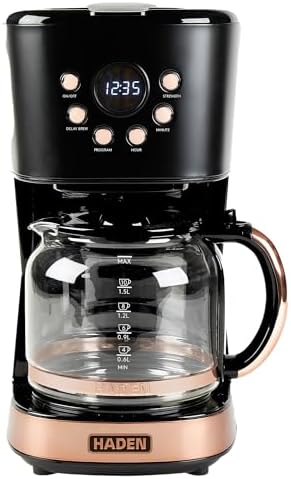 HADEN 12-Cup Programmable Coffee Maker for Home or Office, Putty & Chrome – Drip Brewer Machine with Brew Strength, Delay Brewing