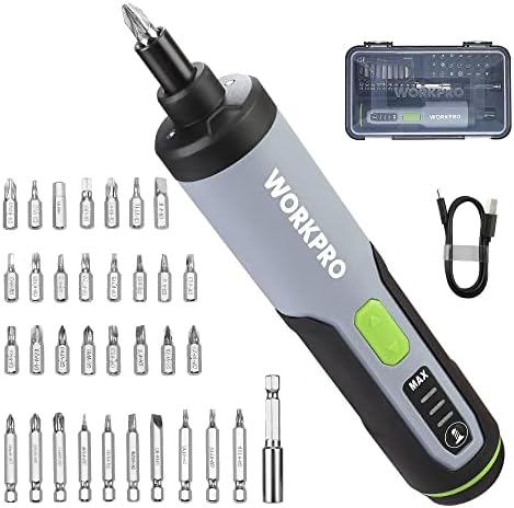 WORKPRO 4V Electric Screwdriver, Rechargeable Cordless Screwdriver Set with 35 Bits, Extension Rod, USB Charging Cable in Carrying Case, LED Light