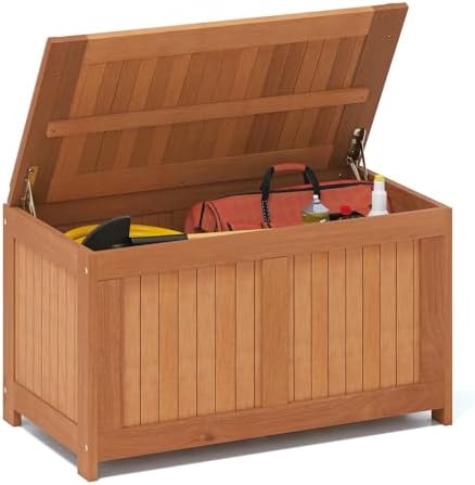 Tangkula 46 Gallon Acacia Wood Deck Box, Garden Backyard Storage Bench, Outdoor Storage Container for Patio Furniture Cushions and Gardening Tools