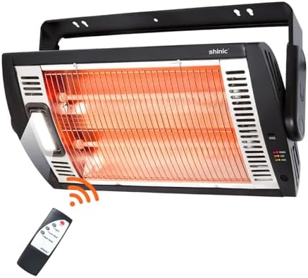 Shinic Electric Garage Heaters with Remote Control, 1500W/750W Ceiling Mounted Radiant Quartz Heater with Work Light, 90° Rotation, 5 Mode Settings