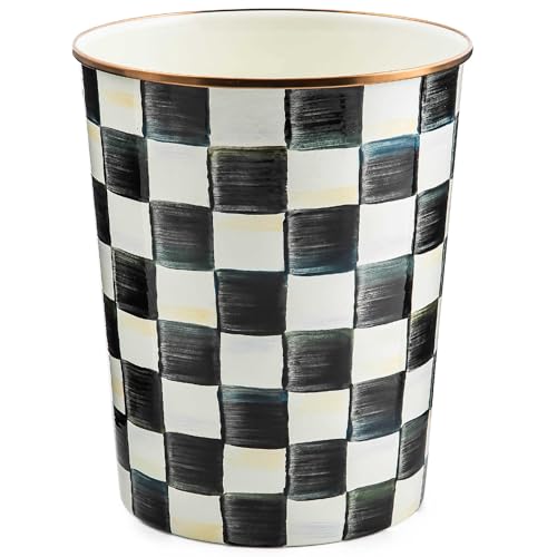 MACKENZIE-CHILDS Waste Bin, Black-and-White Courtly Check | Hand-painted design, made from enameled steel, decorative bedroom or bathroom trash can, 8" dia. x 9.5" H