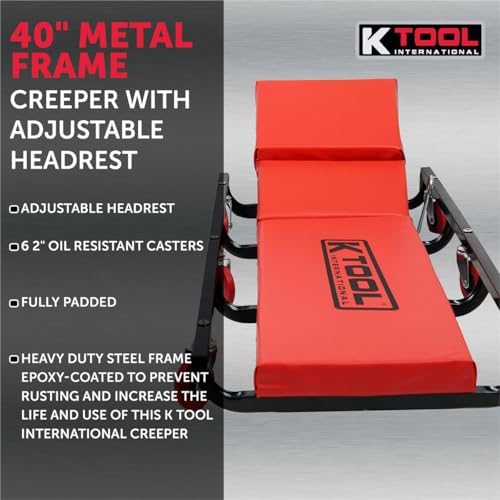 K Tool International 74961 Creeper Seat, Adjustable Headrest with Fully Padded Support, Oil Resistant Rubber Casters