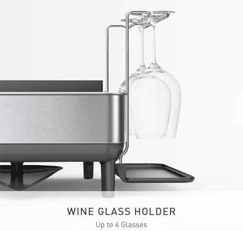 simplehuman Steel Frame Dishrack, Large Capacity Dish Drying Rack, 360º Easy Drain Swivel Spout, Utensil & Wine Glass Holder, Anti-Residue Coating