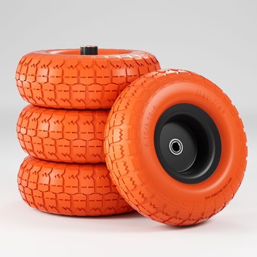 【UPGRADED】4.10/3.50-4 Tire and Wheel Flat Free, 10 Inch Solid Rubber Tire with 5/8”Axle Bore Hole and Double Sealed Bearings