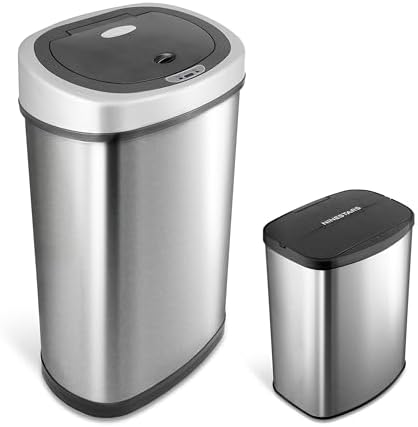 NINESTARS CB-DZT-50-98-1C Automatic Touchless Motion Sensor Oval & Rectangular Trash Can Combo Set, 13.2 Gal. 50 L. & 2.1 Gal.8 L., Stainless Steel