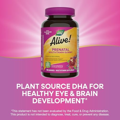 Nature's Way Alive! Daily Support Prenatal Gummy Multivitamin, 90 ct | Supplement with Plant-Based DHA for Brain & Eye Development*