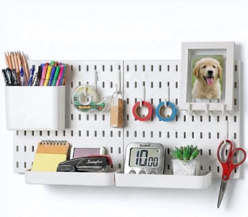 Keepo Peg Board Wall Organizer – Plastic Pegboard Panels, Modular Peg Board Storage System For Home Office, Craft Room, Gaming Setup (White