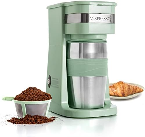Mixpresso Single Serve & Single Cup Coffee Maker with 14oz Travel Mug Black | For ground coffee only, reusable filter, auto shut off. Compact personal drip coffee maker, not compatible with K-Cup pods.