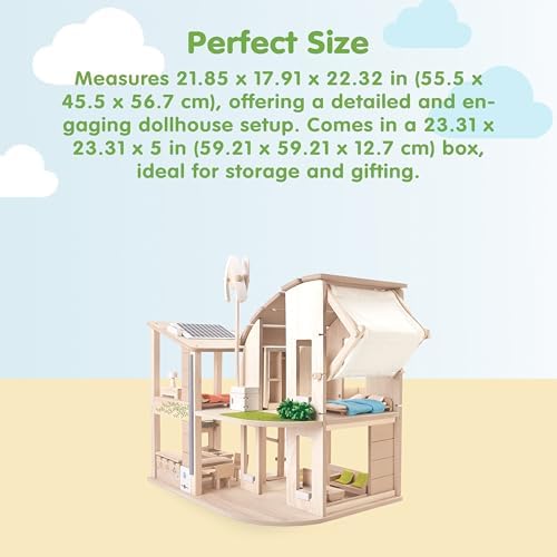 PlanToys® Green Wooden Dollhouse with Solar Panel, Wind Turbine & Furniture | recycling system, eco-friendly doll house, sustainable pretend play, kids, girls, environmental learning gift for boys