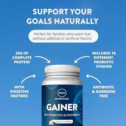 MRM Nutrition Gainer Protein with Probiotics & Postbiotics - 18 Servings | Vanilla Flavored for Men & Women, 25g of Whey Protein Concentrate & Isolate, Micellar Casein, & Digestive Enzymes