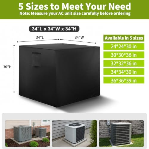 Air Conditioner Cover for Outside 34 x 34 x 30 inch | Square top design, water-resistant 420D Oxford, windproof straps, fits most central ac condensers, year-round
