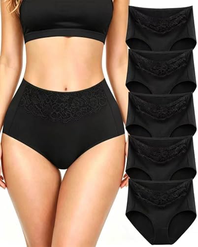 MISSWHO Women's High Waisted Cotton Underwear Soft Breathable Full Coverage Stretch Briefs Ladies Panties 5-Pack