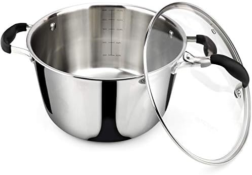 AVACRAFT 6 Quart Stainless Steel Stock Pot with Glass Strainer Lid | 5-Layer Capsule Base, Tempered Glass Strainer Lid, Drip-Free Pour Spouts, Induction Compatible, Dishwasher Safe