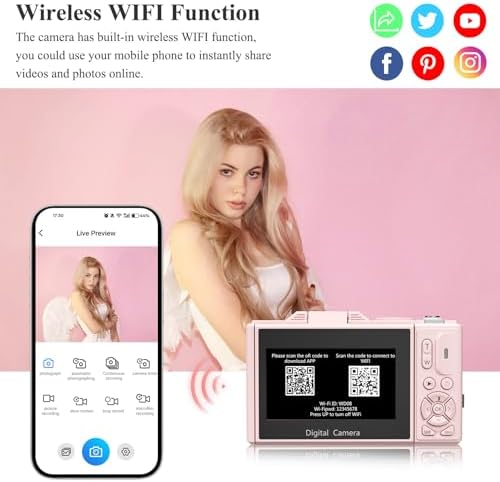 4K Digital Camera for Photography, 64MP Vlogging Camera for YouTube, WiFi Vlog Cameras with 18X Digital Zoom, 3'' Flip Screen and 32GB TF Card, Pink