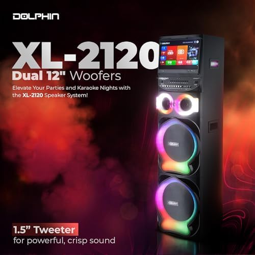 Dolphin Karaoke Machine with 2 Wireless Microphones, Dual 12" Woofers | 200W RMS, 15.4" Touchscreen, Android, Bluetooth, HDMI, WiFi, USB, TF