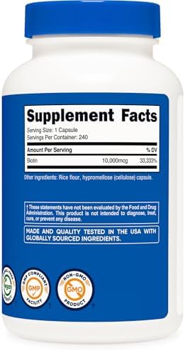 Nutricost Biotin (Vitamin B7) 10,000mcg (10mg), 240 Capsules, Quick Release | Vegetarian, Gluten Free, GMO-Free
