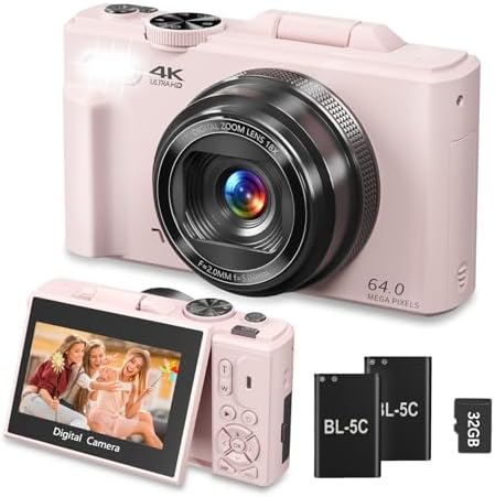 4K Digital Camera for Photography, 64MP Vlogging Camera for YouTube, WiFi Vlog Cameras with 18X Digital Zoom, 3'' Flip Screen and 32GB TF Card, Pink