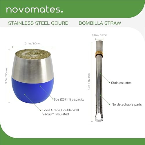 Novomates [NEW] Mate Cup and Bombilla Set - Mate Gourd - Includes Double Wall Stainless Steel Yerba Mate Tea Cup with Stanley Steel Mate Straw –