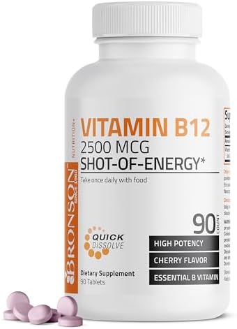 Vitamin B12 2500mcg Shot of Energy Fast Dissolve Chewable Tablets - Quick Release Cherry Flavored Sublingual B12 Vitamin - Supports Nervous System, Healthy Brain Function Energy Production – 90 Count