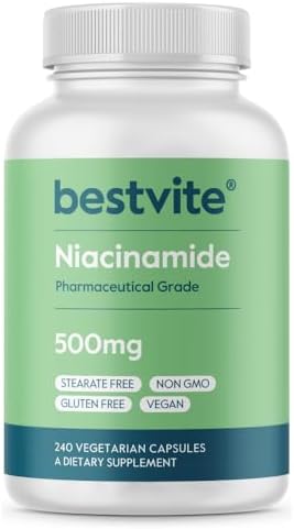 BESTVITE Filler-Free Niacinamide 500mg (240 Veg Caps) - Flush Free VIT B-3 | No Stearates - Vegan - Non GMO - Gluten Free - Non-Flushing Vitamin B3
