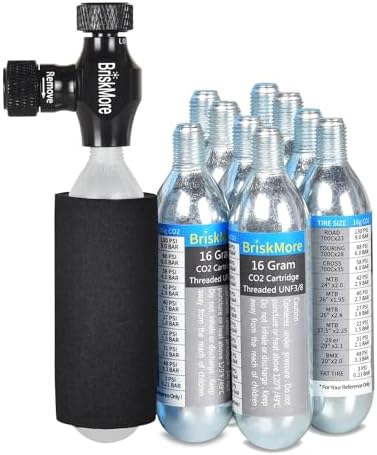 BriskMore CO2 Inflator Kits with 9X16g or 5 X 16g CO2 Cartridges, Presta and Schrader Valve Compatible, Bike Tire CO2 Pump, Included Insulated Sleeve
