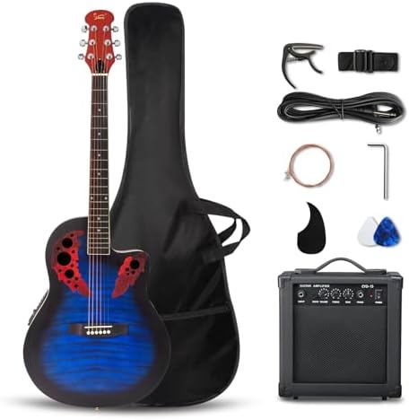 GLARRY 41in Acoustic Electric Guitar, Unique Round-back Design, 6 String Cutaway Guitar Beginner Kit with 15W Amp, EQ, Bag, Strap, Picks, Strings (Black With AMP, Full-Right Handed)