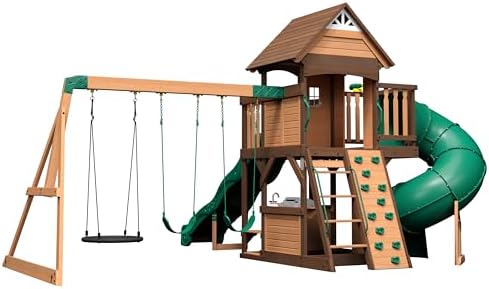 Backyard Discovery Cedar Cove Cedar Wood Swing Set with Spiral Tube Slide, Wave Slide, Clubhouse, Toy Grill, Snack Bar, Rock Wall, Belt Swings
